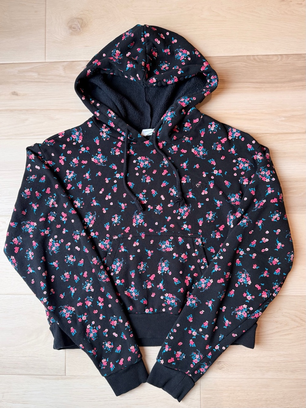 Vans Beauty Floral Cropped Pullover Hoodie Black Pink Blue Small